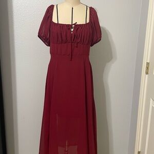 Revamped Red Ruched Tie Front Maxi Dress